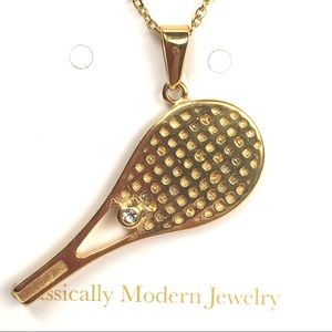 Racquet Tennis Pendant Necklace Gold Steel Set